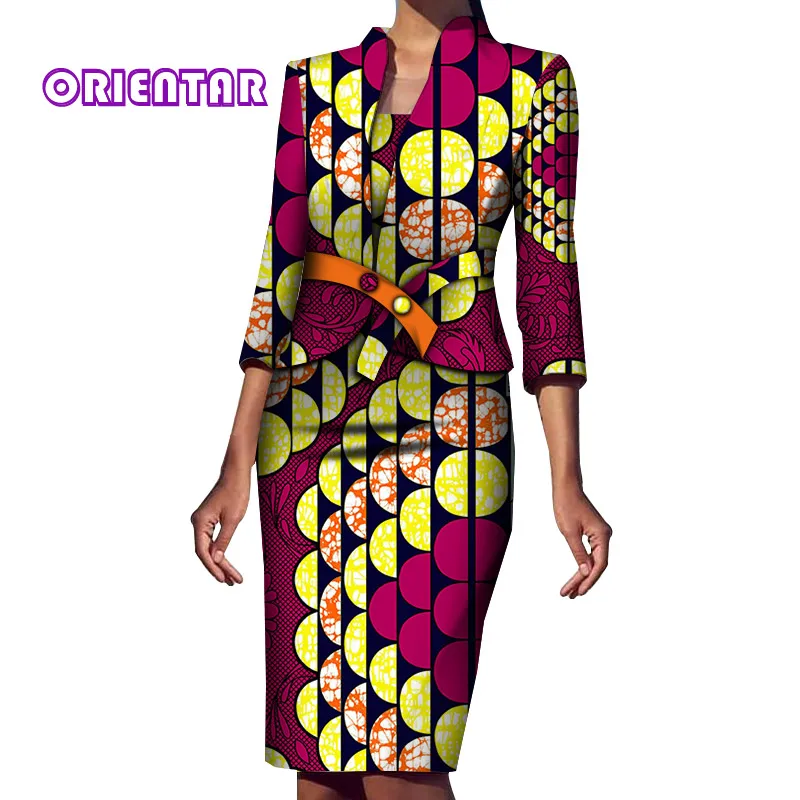 Комплект из 2 предметов, женское Африканское пальто и платье, элегантный Африканский принт, Базен Riche, Офисная Женская одежда с 3/4 рукавом в африканском стиле, WY5994 - Цвет: 18