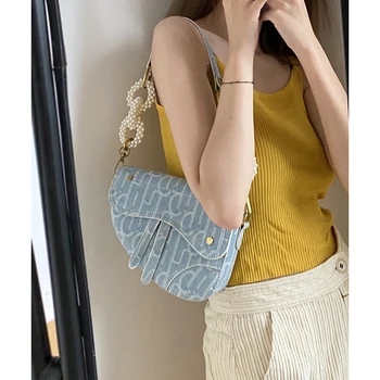 

Denim Pearl Bag Female Summer Fashion Casual Shoulder Messenger Bags 2020 New Saddle Bag Original Niche Armpit Bags Sac A Main