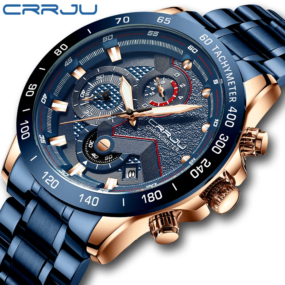 

CRRJU Watch Men High Quality Quartz Stainless Steel Multifunction Luminous Waterproof Multi-needle Men's Wrist Montre Homme