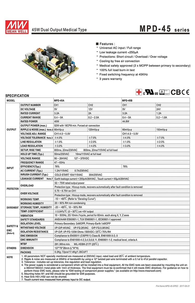 MPD-45A Meanwell 40 Вт Двойной выход монтажная плата PCB импульсный источник питания 110 В/220 В переменного тока до 5 В 12 В постоянного тока 3.2A 2A медицинская безопасность SMPS