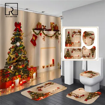 

Christmas Trees Printed Shower Curtains for Bathroom Bathing Screen with Anti-slip Mat Carpet Toilet Partition 3D Festival Decor