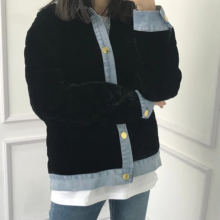 

French's Home 2019 Autumn And Winter New Style WOMEN'S Dress Cowboy Joint Velvet Single Breasted Bread Cotton Jacket Short Loose