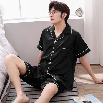 

Men Pajamas Summer Thin Section Viscose Summer Short Sleeve Shorts Model Silk Large Size Solid Color Homewear Set