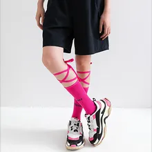 Бандажные носки с буквенным принтом, женские носки с перекрестными ремешками, хлопковые носки средней длины, носки в уличном стиле для женщин и девочек, Chaussettes Femme