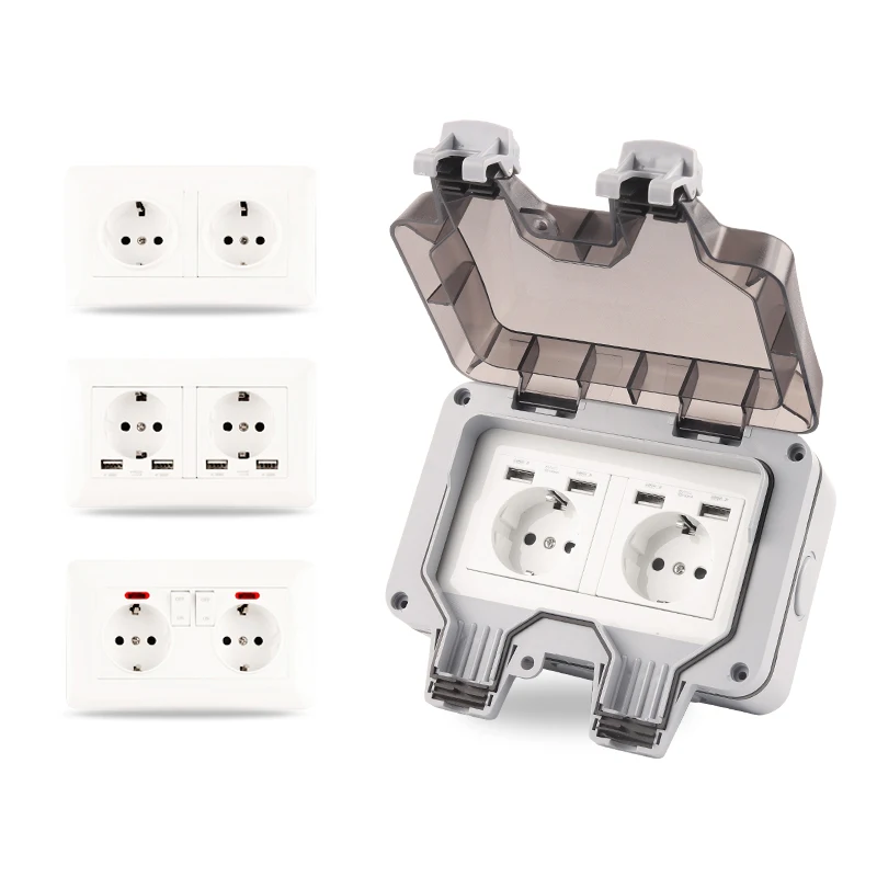 IP66 EU German standard doublle power switch socket with USB &ampLight outdoor waterproof dustproof wall for home | Обустройство дома