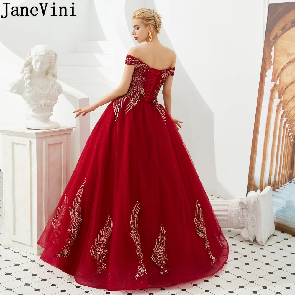 JaneVini/пышные тюлевые Длинные Бордовые платья для выпускного вечера для девочек, расшитое бисером вечернее платье с кружевной аппликацией вечерние платья нарядное платье