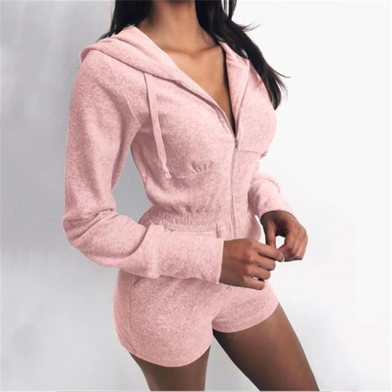 

Autumn Women's Jogging Suit, Long-sleeved Zipper With Hood, One-piece Shorts, Women's Bodycon Clothing, Solid Color Rompers