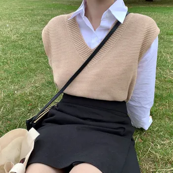 

Basic Solid Color Loose Sweater Spring Autumn Women's Vest V Neck Joker Knitted Vest Womens Vests Winter Outerwear One Size