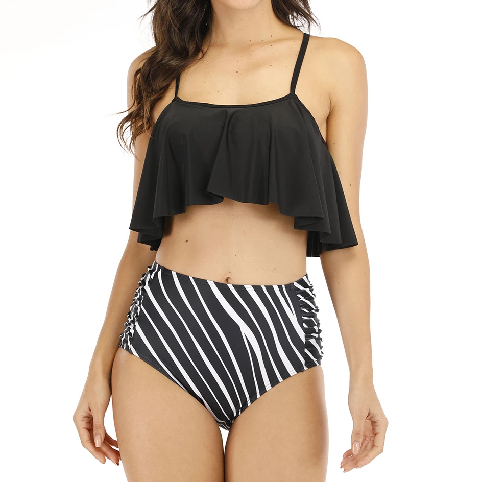Baratos Sexy volantes alta cintura Bikini traje de baño femenino 2020 de talla grande ropa de baño de mujer Bikini Push Up trajes de baño Bikini para traje de baño