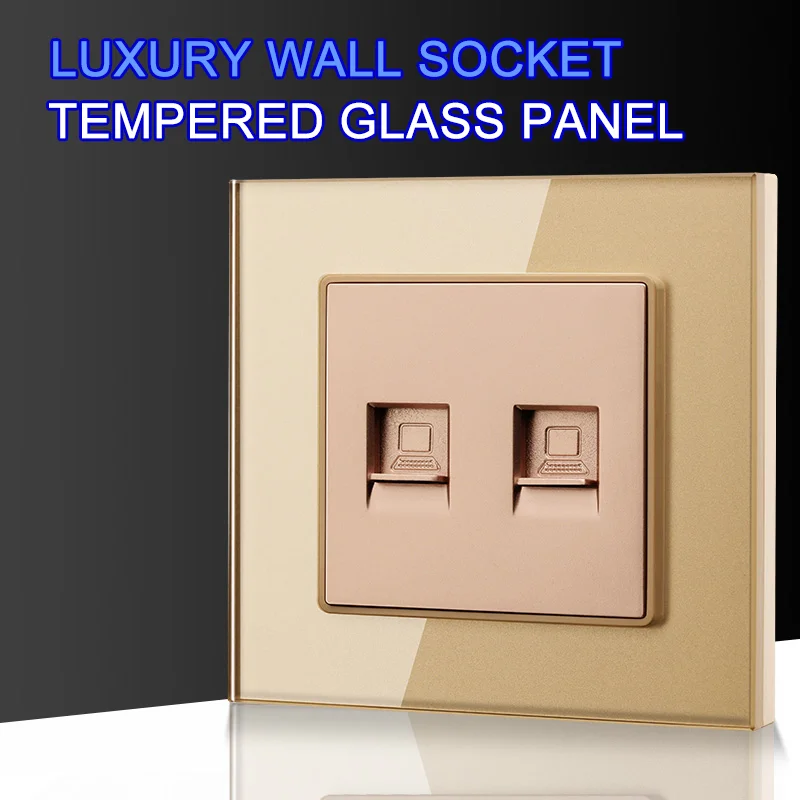 Luxury Duplex Rj45 Cat 6 10Gbps Internet Wall Socket Double Ethernet Plug Crystal Tempered Glass Panel Computer Dual RJ45 Outlet