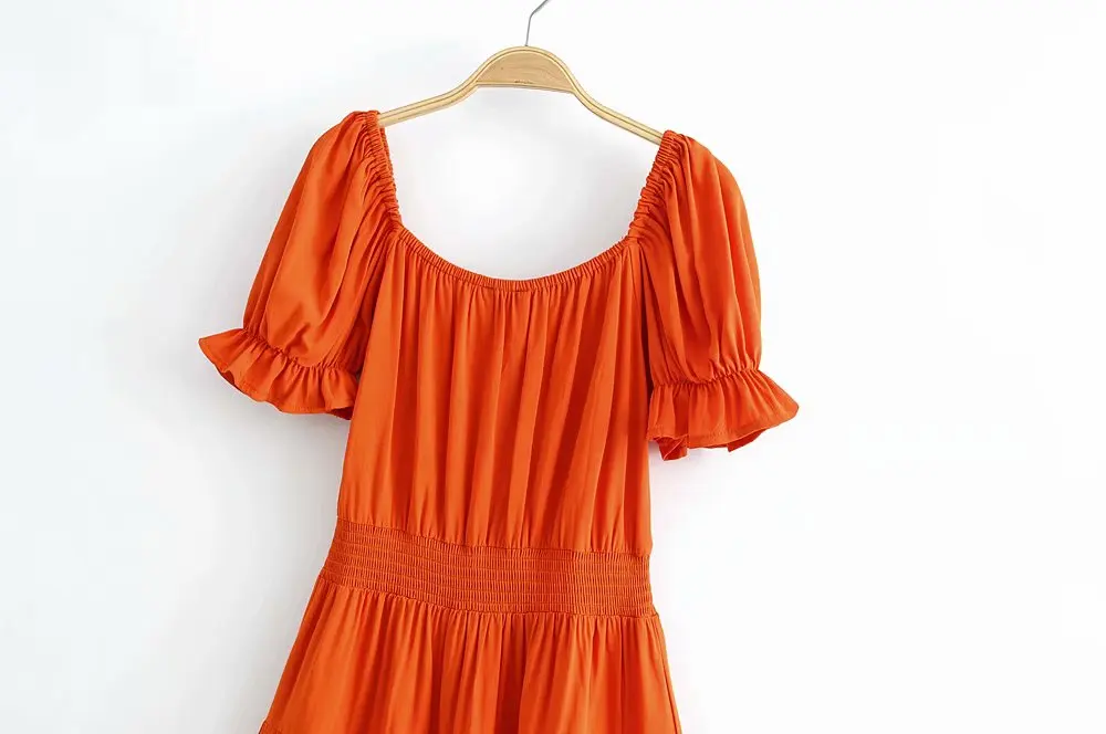 Solid Elegant Woman Mini Dress Square Collar Puff Sleeve Vintage Chic Vestidos Summer Casual High Waist Ladies Short Dress