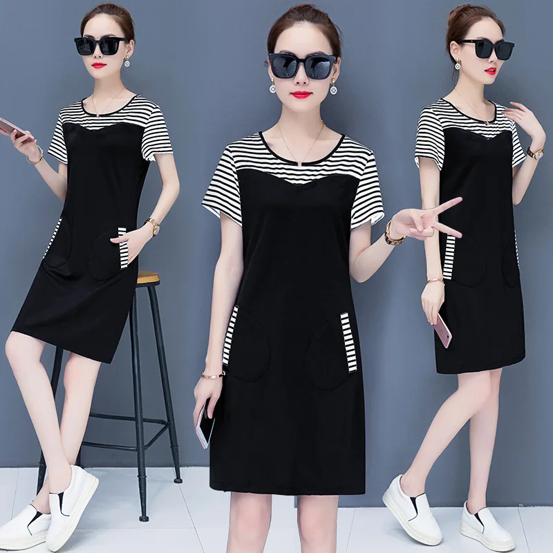 

2019 Mid-length Women's Short Sleeved T-shirt Spring And Summer New Style Korean-style Large Size Dress Belly Covering Korean-st