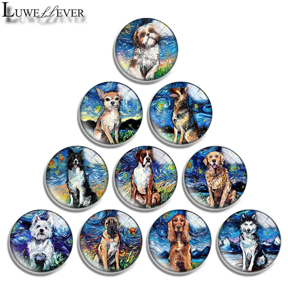 

12mm 14mm 16mm 20mm 25mm 30mm 40mm 708 Painting Dog Mix Round Glass Cabochon Jewelry Finding 18mm Snap Button Charm Bracelet