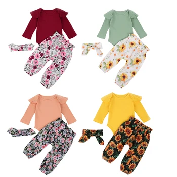 

FOCUSNORM 0-24M Newborn Baby Boy Girl Clothes Sets Ruffles Long Sleeve Romper Tops Floral Pant Headband 3PCS