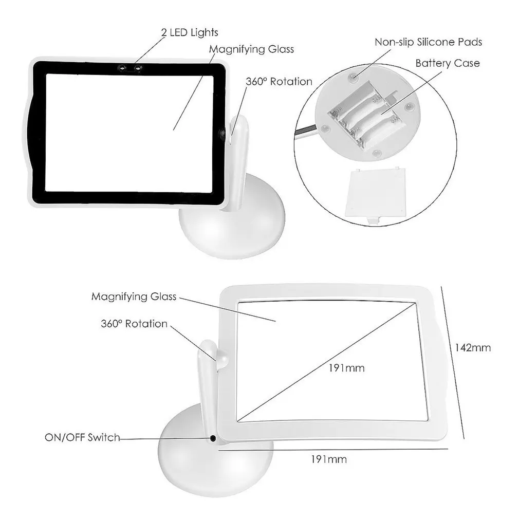 3X 360° Rotation Magnifier 2 LED Light Hands-free Desktop Table Reading Lamp R