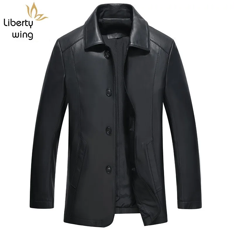 

Smart Casual Spring New Mens Genuine Leather Jackets Long Sleeve Single Breasted Sheepskin Male Medium Length Coats Plus Size