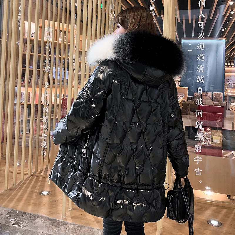 2020 Winter Long Shiny Jacket For Women Solid Plus Size Hooded Parkas Korean Style Fur Collar Thick Outwear Coats Chaqueta Mujer