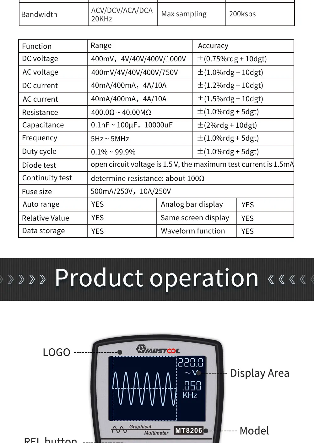 MUSTOOL MT8206 2 in 1 Intelligent Digital Oscilloscope Multimeter AC/DC Current Voltage Resistance Frequency Diode Tester with Analog Bar Graph