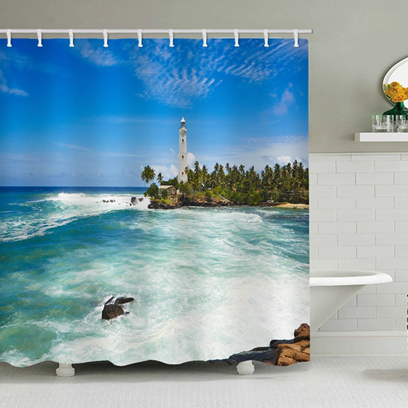 

White spray seaside lighthouse Printing shower curtains bathroom curtain high quality waterproof bath screen home decoration