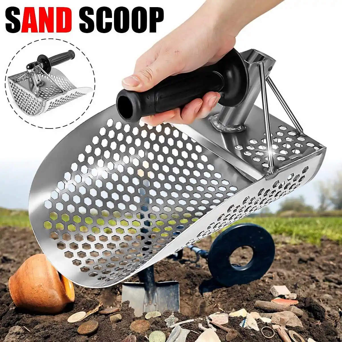 

Metal Detector Sand Scoop Stainless Steel Beach Detecting Tool with Handle Hexagonal Hole