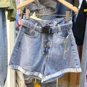 

High-waisted Jeans Denim Shorts Women's 2020 Spring Summer New Fashion Buckle A- Line Wide-Leg Shorts Woman Black Jean Shorts