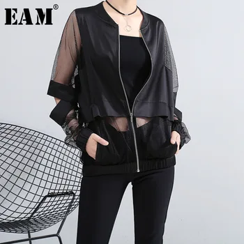 [EAM] Loose Fit Perspective Big Size Hollow Out Jacket New Stand Collar Long Sleeve Women Coat Fashion Tide Spring 2021 JF73401 1
