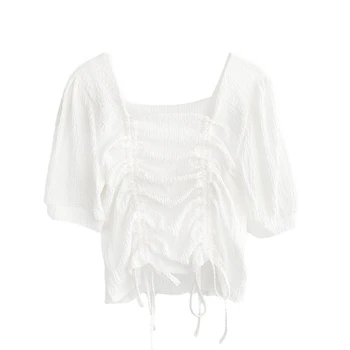 

Fashion Design Drawstring Solid Women Blouse 2020 Summer New Square Collar Solid Half Sleeved Short High Waist Lady Elegant Tops