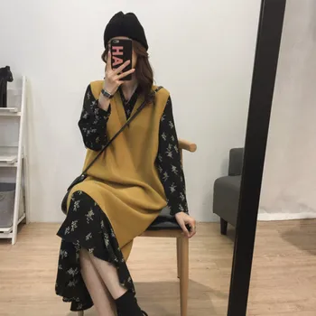 

Black Printed Suit Dress and Yellow Sweater 2pc Set For Women Korean V-Neck Long Sleeve Autumn Winter Female Knitted Dress