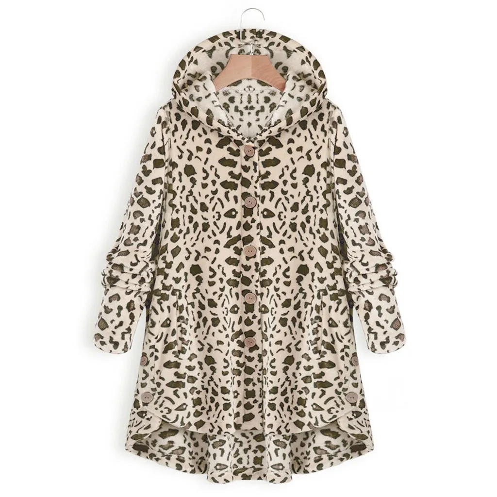 Модное зимнее пальто женское леопардовое пальто с пуговицами флисовое Асимметричное пальто с капюшоном пуловер Топ свитер abrigos mujer invierno