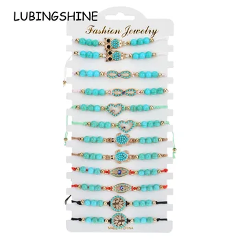 

Women 12pcs/Set Blue Natural Stone Infinity Love Charms Bracelet Beaded Braided Adjustable Rope Chain Turtle Wristband Jewelry