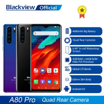 Global Version Blackview A80 Pro Quad Rear Camera Octa Core 4GB+64GB Mobile Phone 6.49' Waterdrop 4680mAh 4G Celular Smartphone