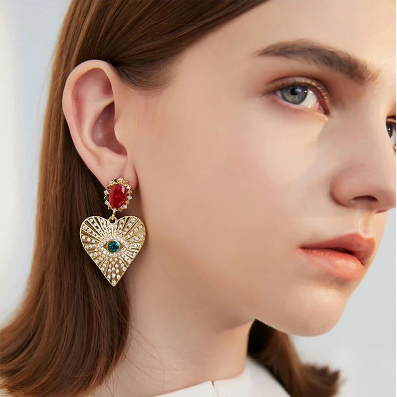 GHIDBK серьги-гвоздики с подвеской в виде большого сердца, стразы в стиле барокко, персонализированные серьги в виде глаз, винтажные текстурированные серьги