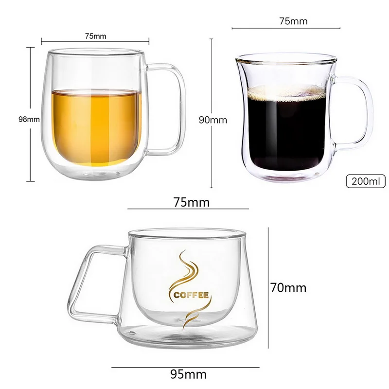 2X 200ml Double Wall Espresso Coffee Mugs Insulated Thermo Glass Cup udge Hand 