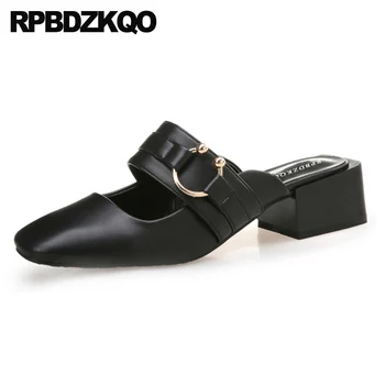 

thick big size mules slipper ladies kitten heels shoes retro plus sandals chunky block pumps medium brown high square toe women