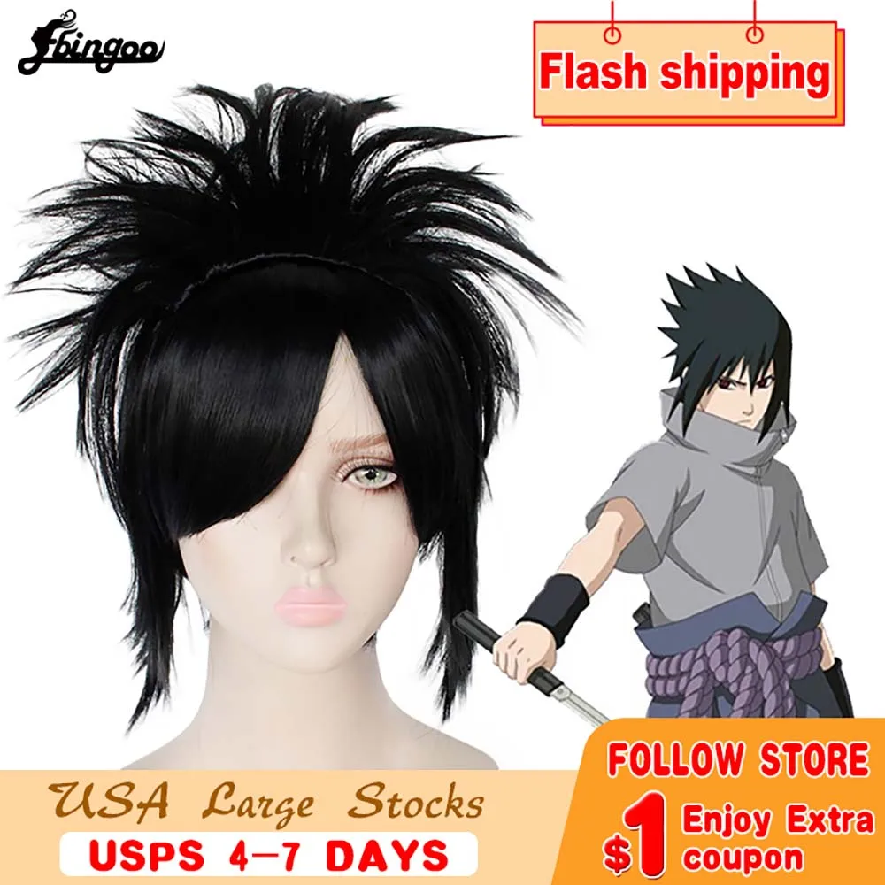 Парик для косплея мужчин Ebingoo Naruto Uchiha Sasuke черные короткие прямые Многослойные