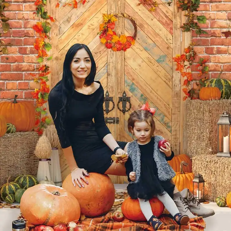 

Custom Thanksgiving Party Autumn Brick Backdrop Wooden Doors Harvest Backdrop Fall Maple Leaves Backdrop Pumpkin Background