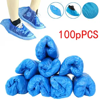 

100 Disposable Shoe Cover Blue Anti Slip Plastic Cleaning Overshoes Boot Safety