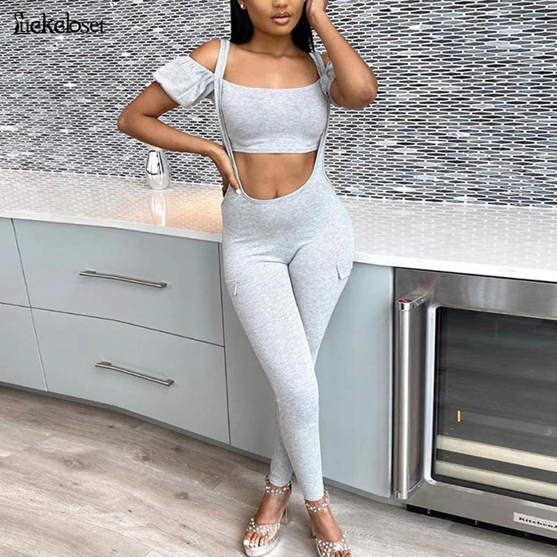 

Off Shoulder Sexy Bodycon Sets Women Short Sleeve Club Party Two Piece Outfits Hollow Out Bodycon Top And Strap Pants Set