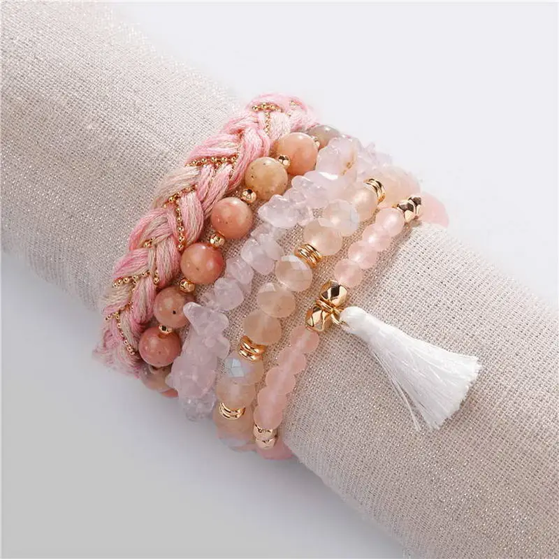 

5 PCS/Set ZWPON 2019 Fashion Soft Tassel Natural Stone Beaded Bangles for Women New Rope Weave Bangle Bracelets Wholesale