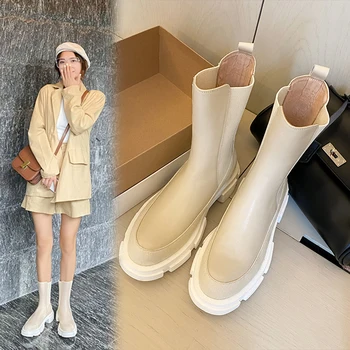 

Women ankle boots natural leather 22-24.5CM First layer cowhide stitching twill Chelsea boots cyberstar shoes woman Foam rubber