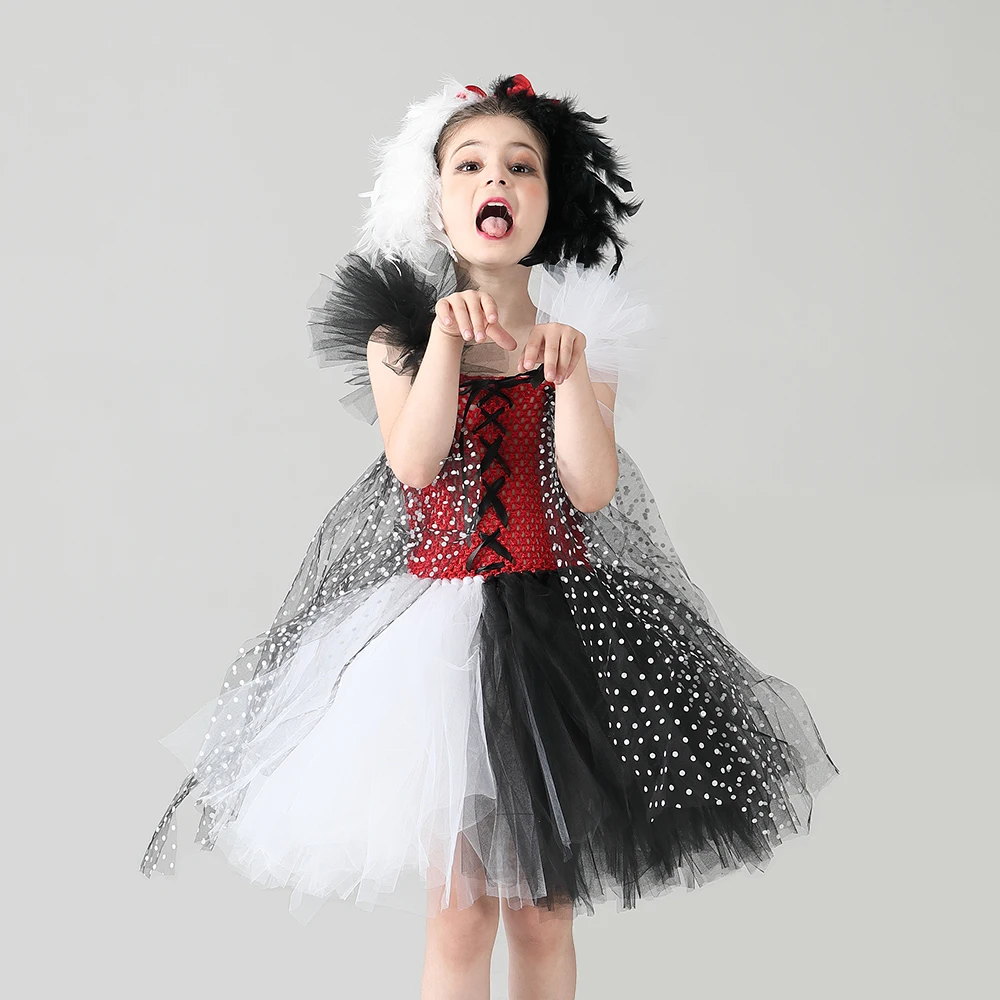 Evil Madame Cruella De Ville Kids Tutu Costume Dalmatians Girls Halloween Fancy Tutu Dress with Headband Polka Dot Girl Outfit (4)