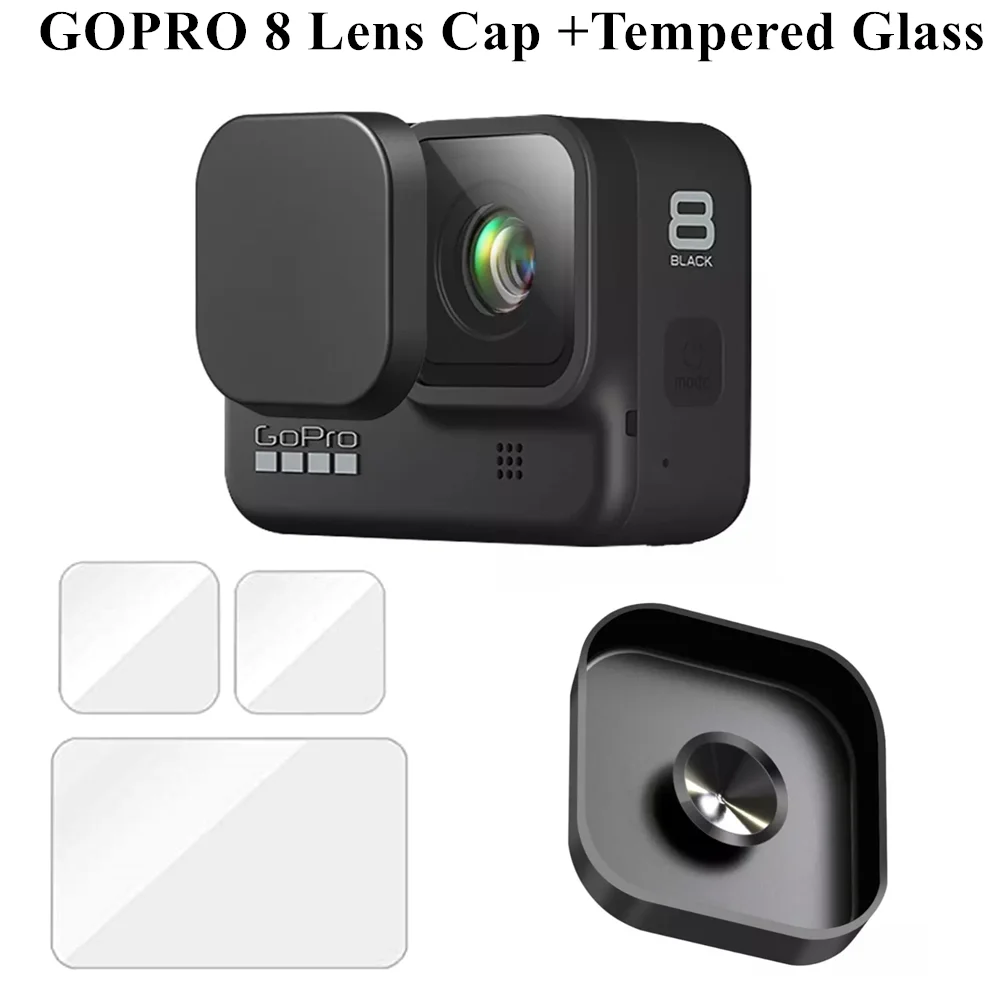 Funda de lentes de silicona para GoPro Hero 8, Protector de pantalla de vidrio templado negro