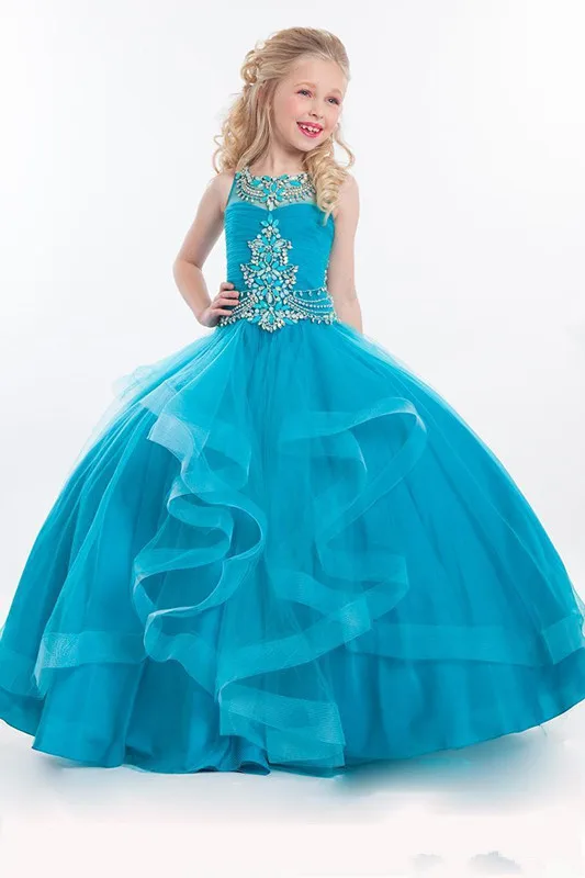 

Blue Girls Pageant Dresses Ball Gown Scoop Tulle Beaded Crystals Long Flower Girl Dresses For Weddings Little Girls