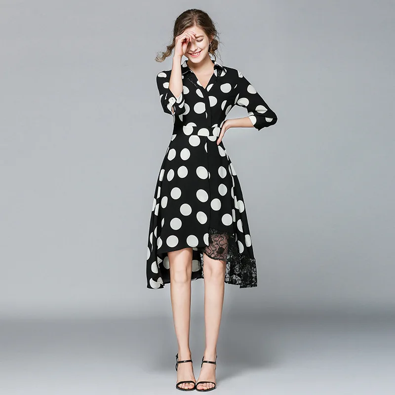 

2019 Spring And Summer Europe And America Retro Black And White with Pattern da bo dian Elegant V-neck Short Sleeve Irregular Mi