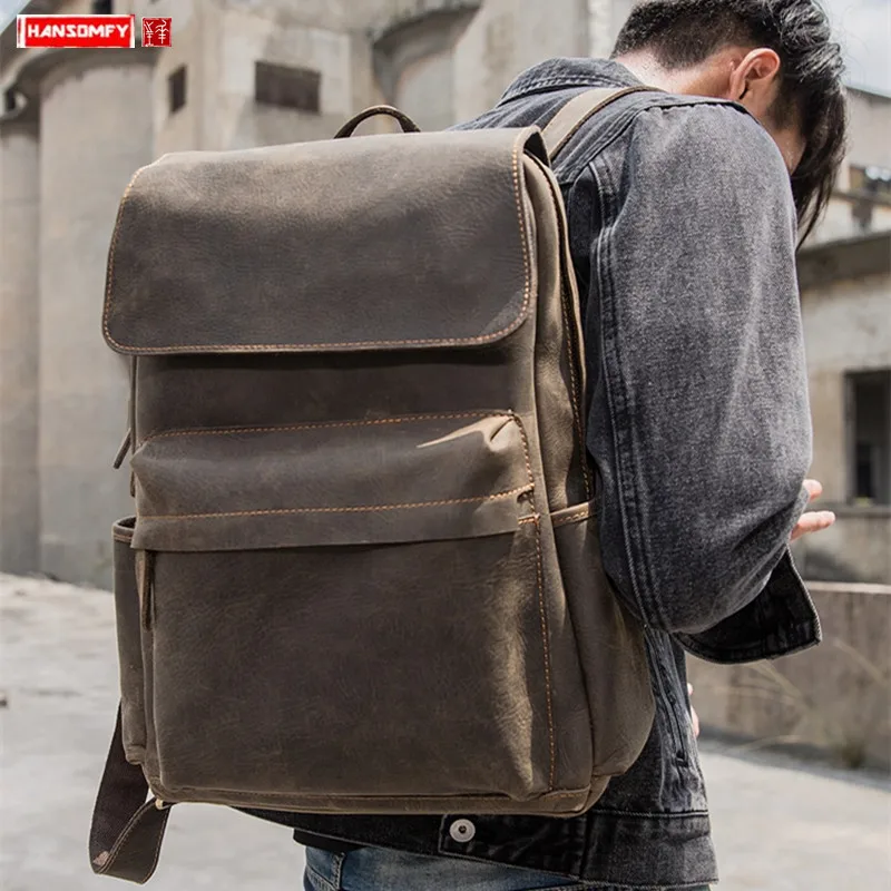 Рюкзак мужской из воловьей кожи вместительная сумка для ноутбука в стиле ретро