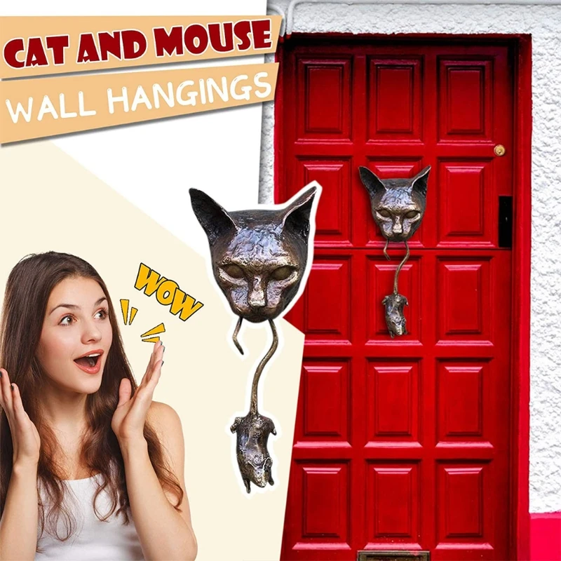 Resin Catch Mouse Door Knocker Door Knocker with Swinging Mouse Front Decor Handmade Doorknobs for Cat Love door knocker