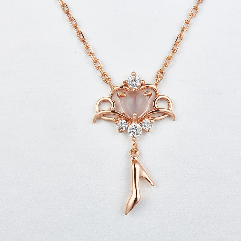 

Japanese-style Light Jewelry Necklace Plated Rose Gold Crown Queen High Heel Shoes Pink Crystal Necklace S925 Silver Choker