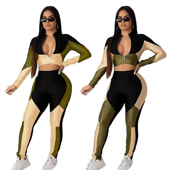 

Autumn Winter Women Two Piece Set Top and Pants Plus Size Tracksuit Sweatsuit Outfit Patchwork Zipper Active Sets