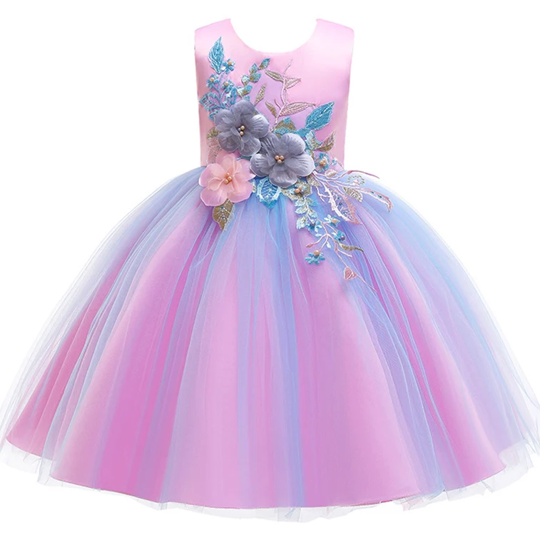 Вечерние платья принцессы с цветочным рисунком для девочек; элегантные свадебные бальные платья-пачки; Рождественский костюм; одежда для детей - Color: Pink