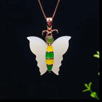

Natural Hetian White Jade 925 Silver Rose Gold Chain Butterfly Pendants Fine Jewelry Women Party Necklace